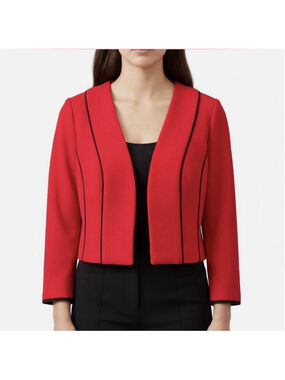 maisonleigh Red Short Open Blazer Contrast Trim Lightweight Long Sleeve Women
